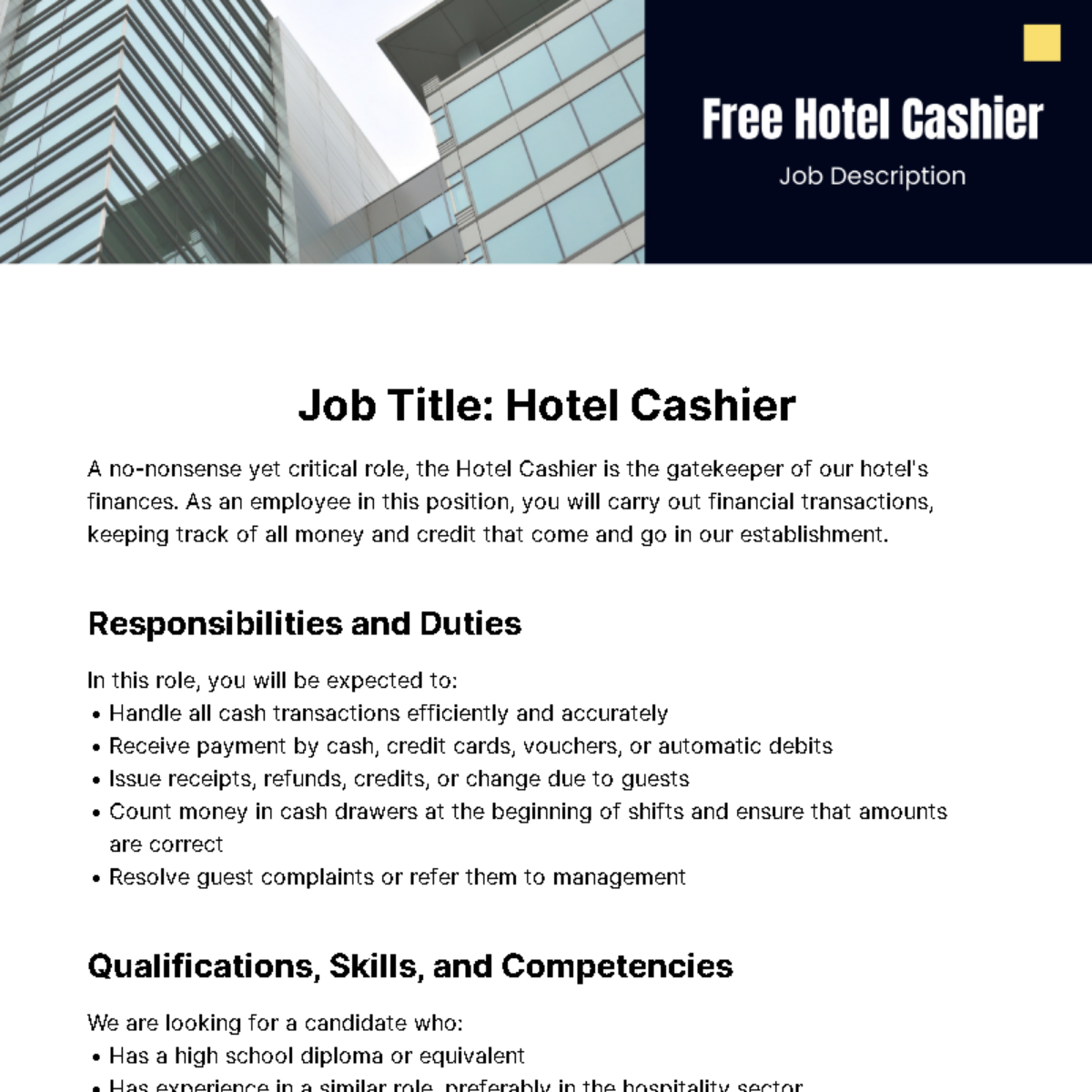Hotel Cashier Job Description Template