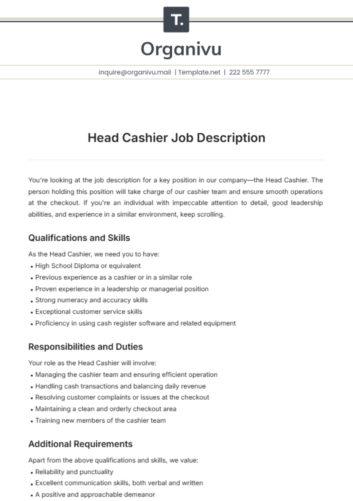 Head Cashier Job Description Template - Edit Online & Download