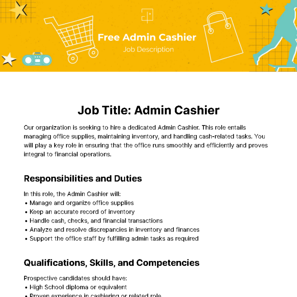 Admin Cashier Job Description Template