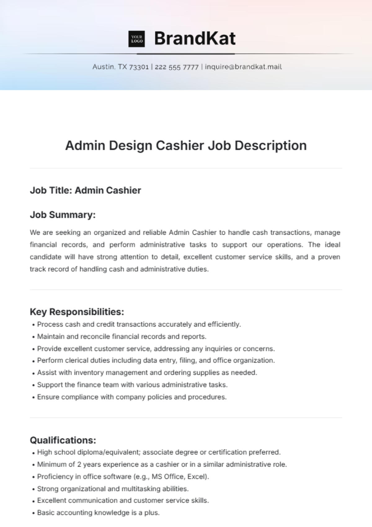 Admin Design Cashier Job Description Template - Edit Online & Download