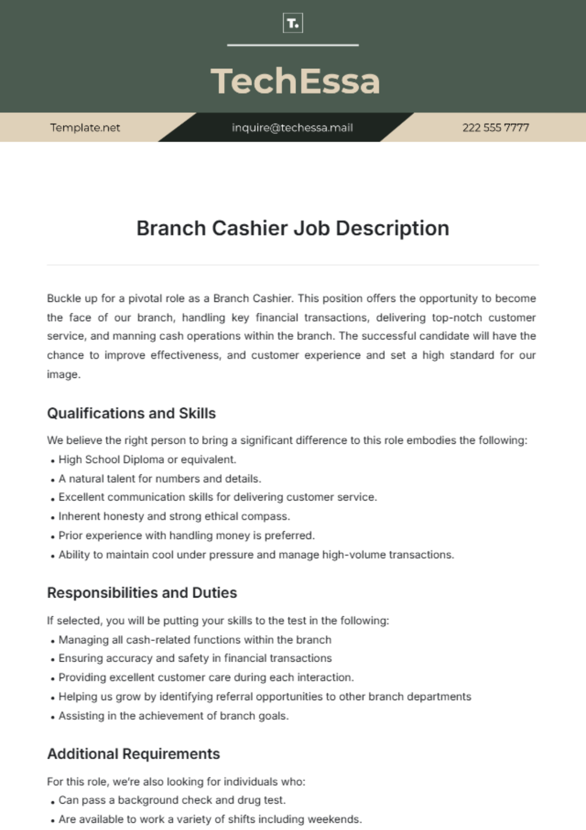 Branch Cashier Job Description Template - Edit Online & Download