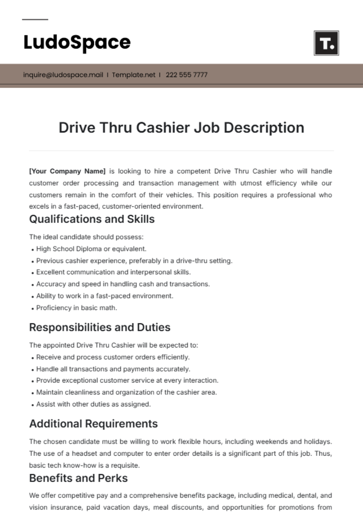 Drive Thru Cashier Job Description Template - Edit Online & Download