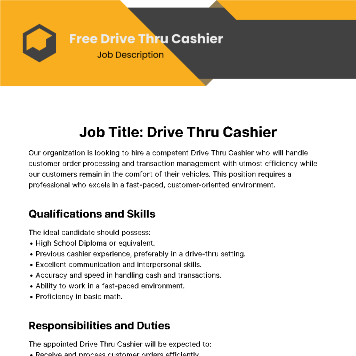 Drive Thru Cashier Job Description Template