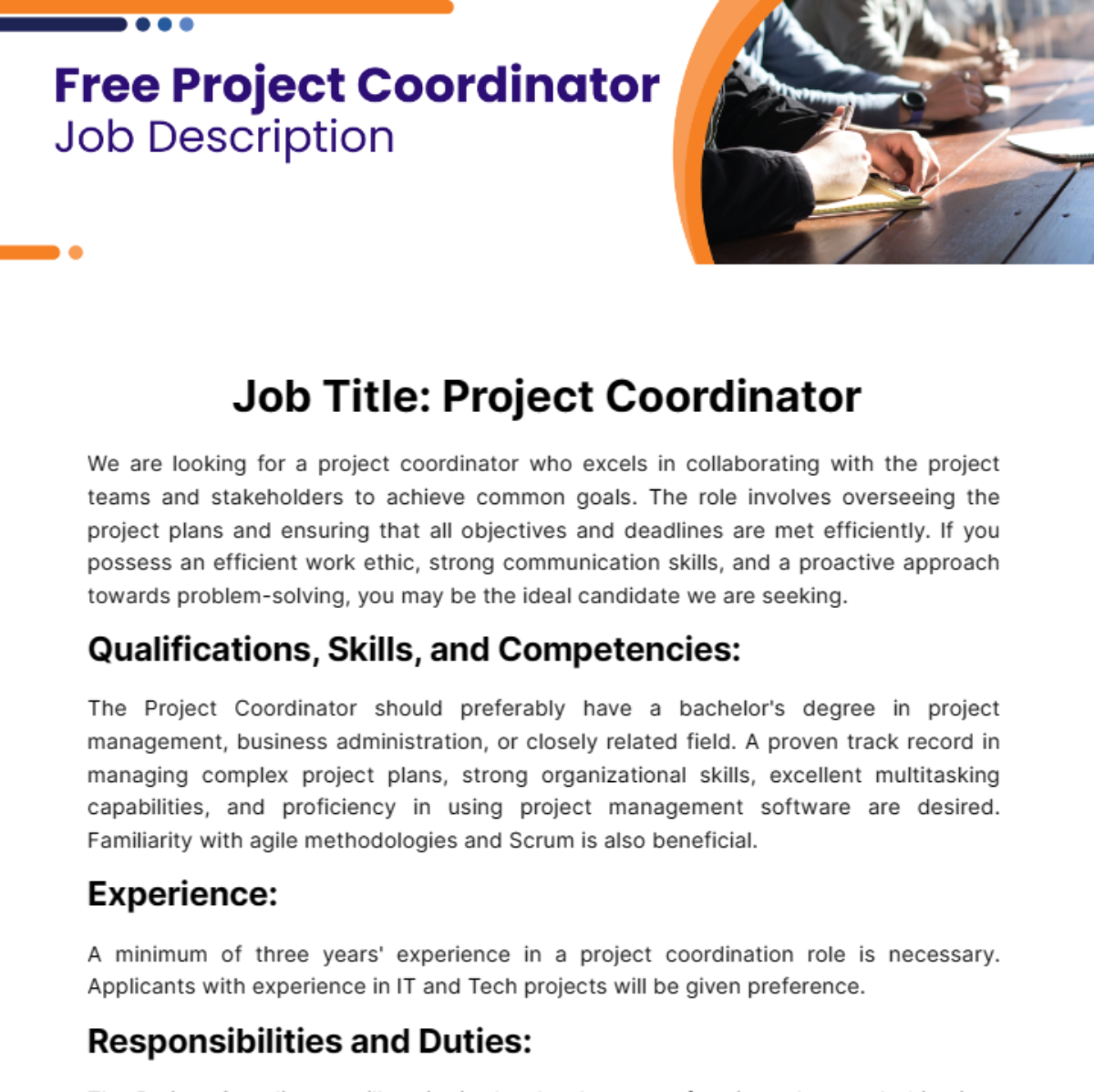 Free Project Coordinator Job Description Template