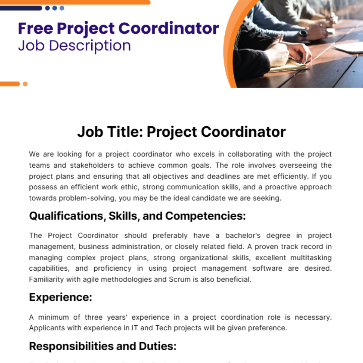 Project Coordinator Job Description Template Edit Online Download 