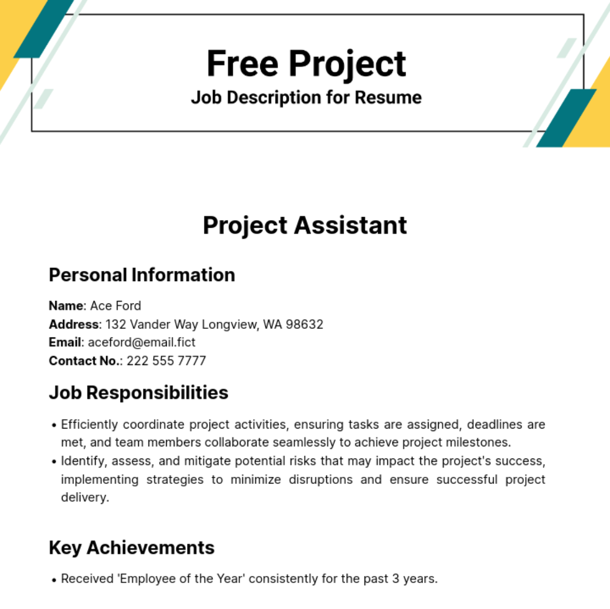 Project Job Description for Resume Template