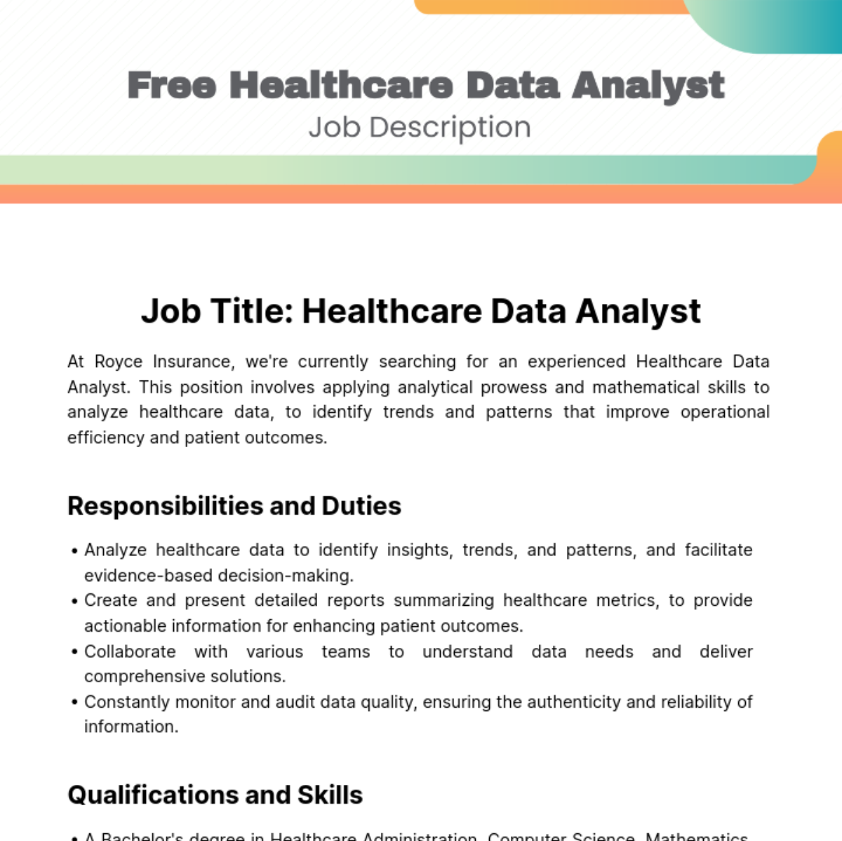 Free Healthcare Data Analyst Job Description Template