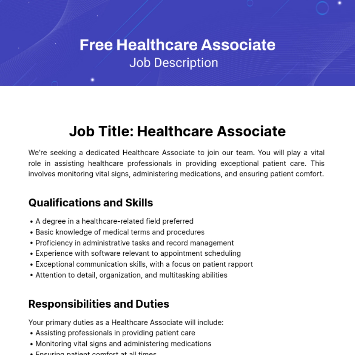 Free Healthcare Associate Job Description Template