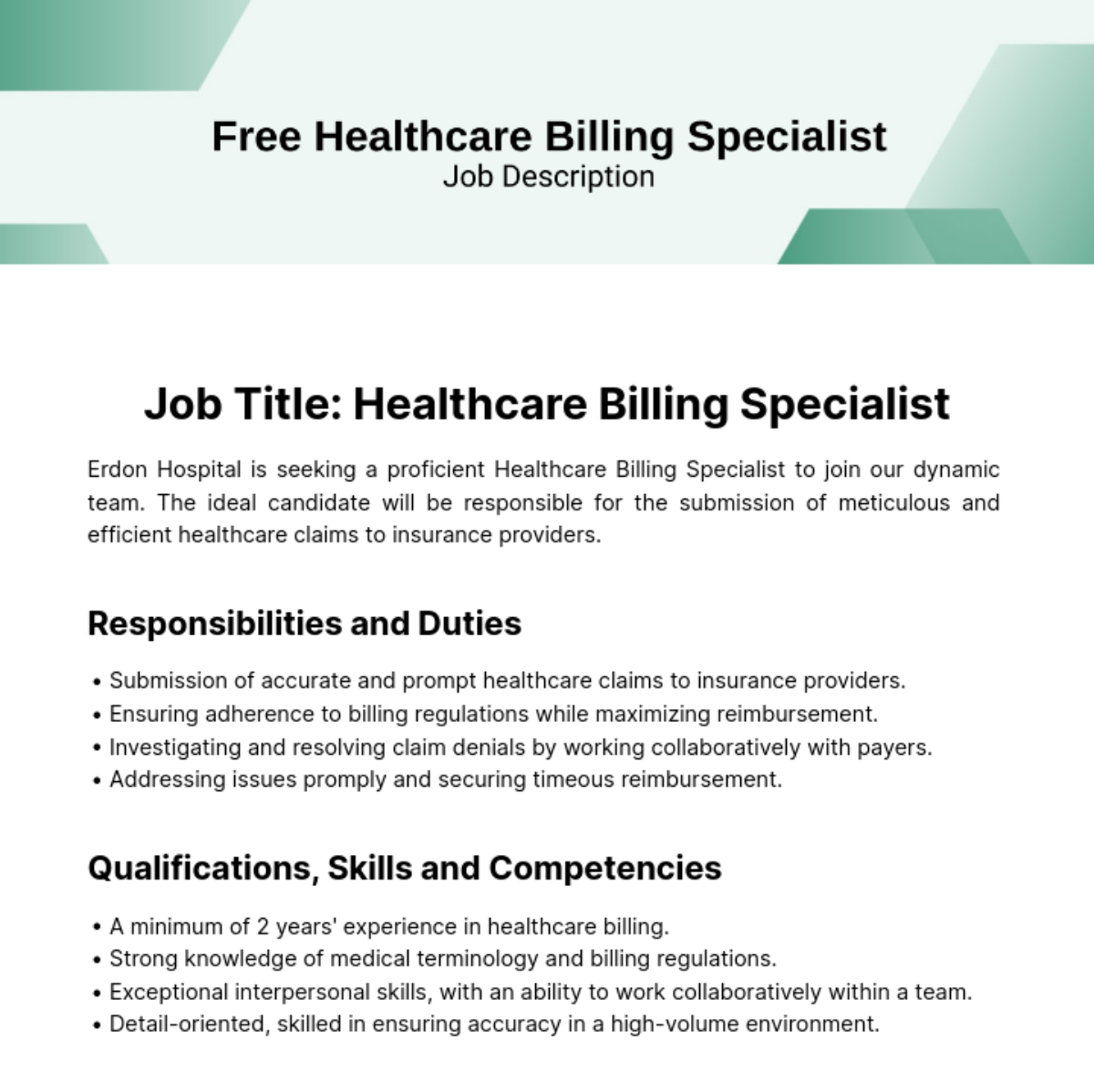 Free Healthcare Billing Specialist Job Description Template