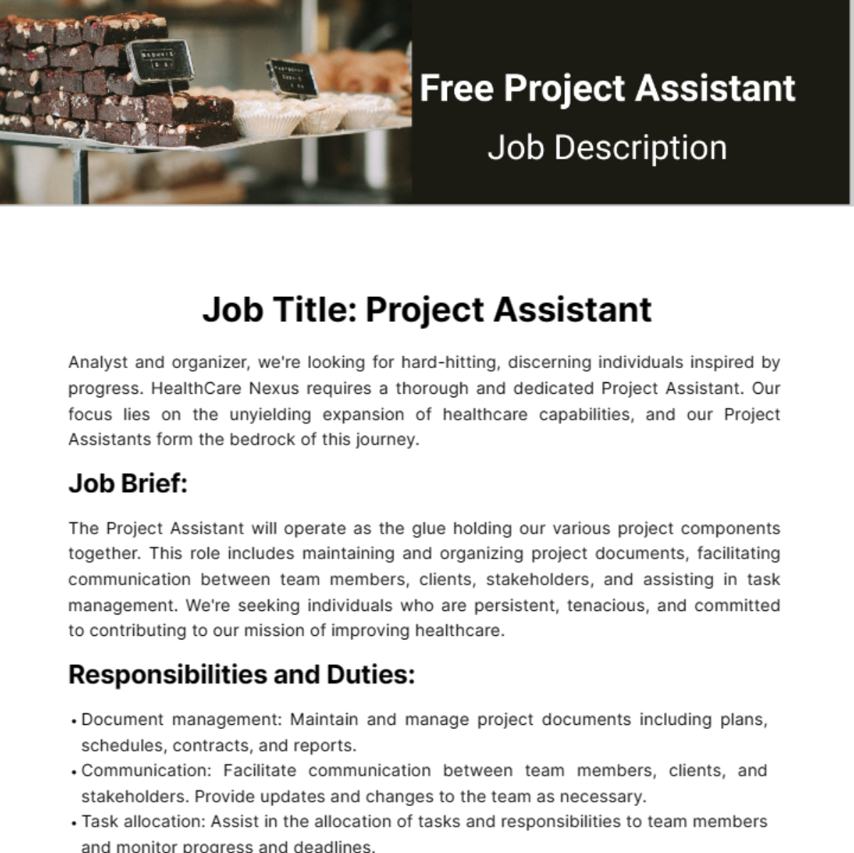 Free Project Assistant Job Description Template