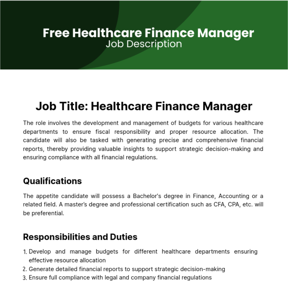 Healthcare Finance Manager Job Description Template