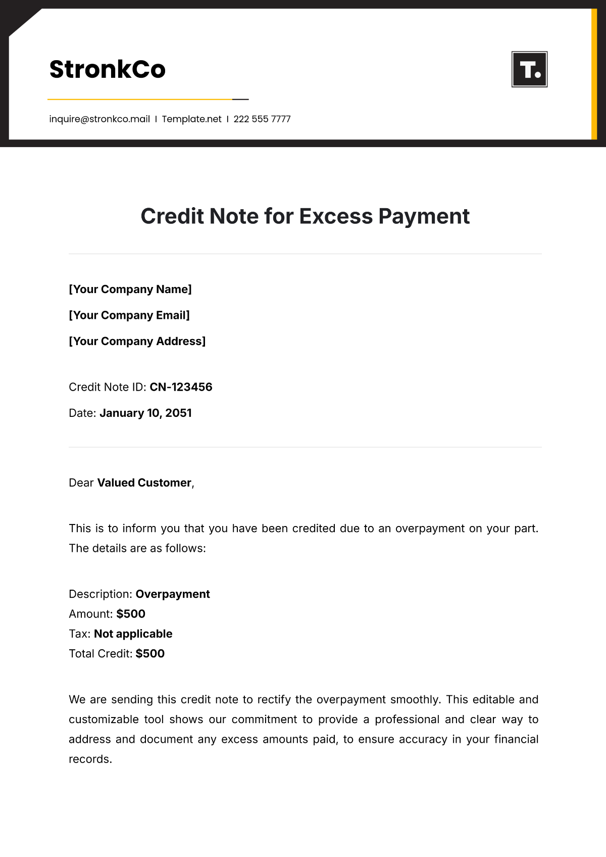 Credit Note for Excess Payment Template - Edit Online & Download