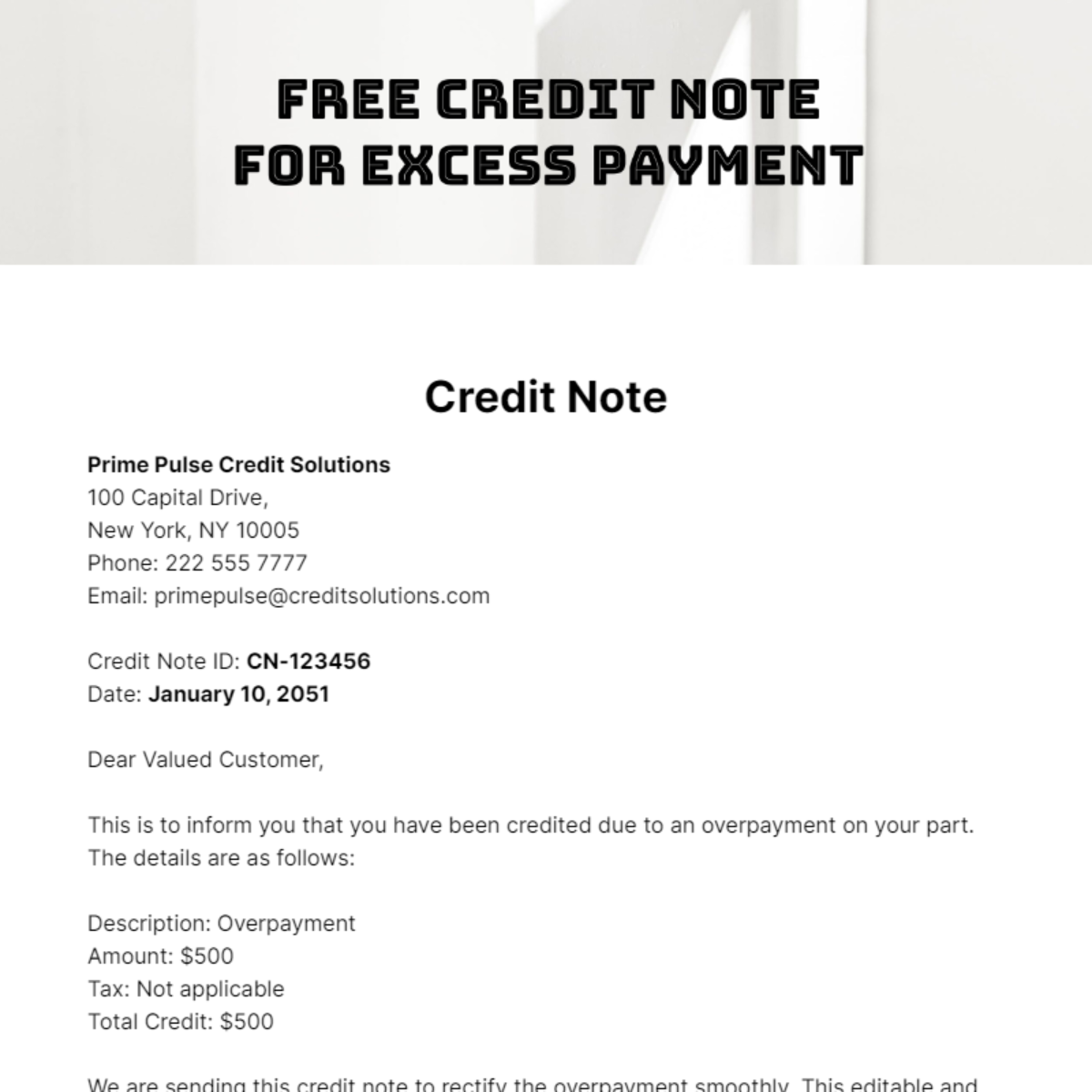 Credit Note for Excess Payment Template