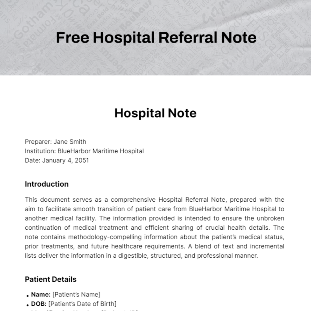 Free Hospital Referral Note Template