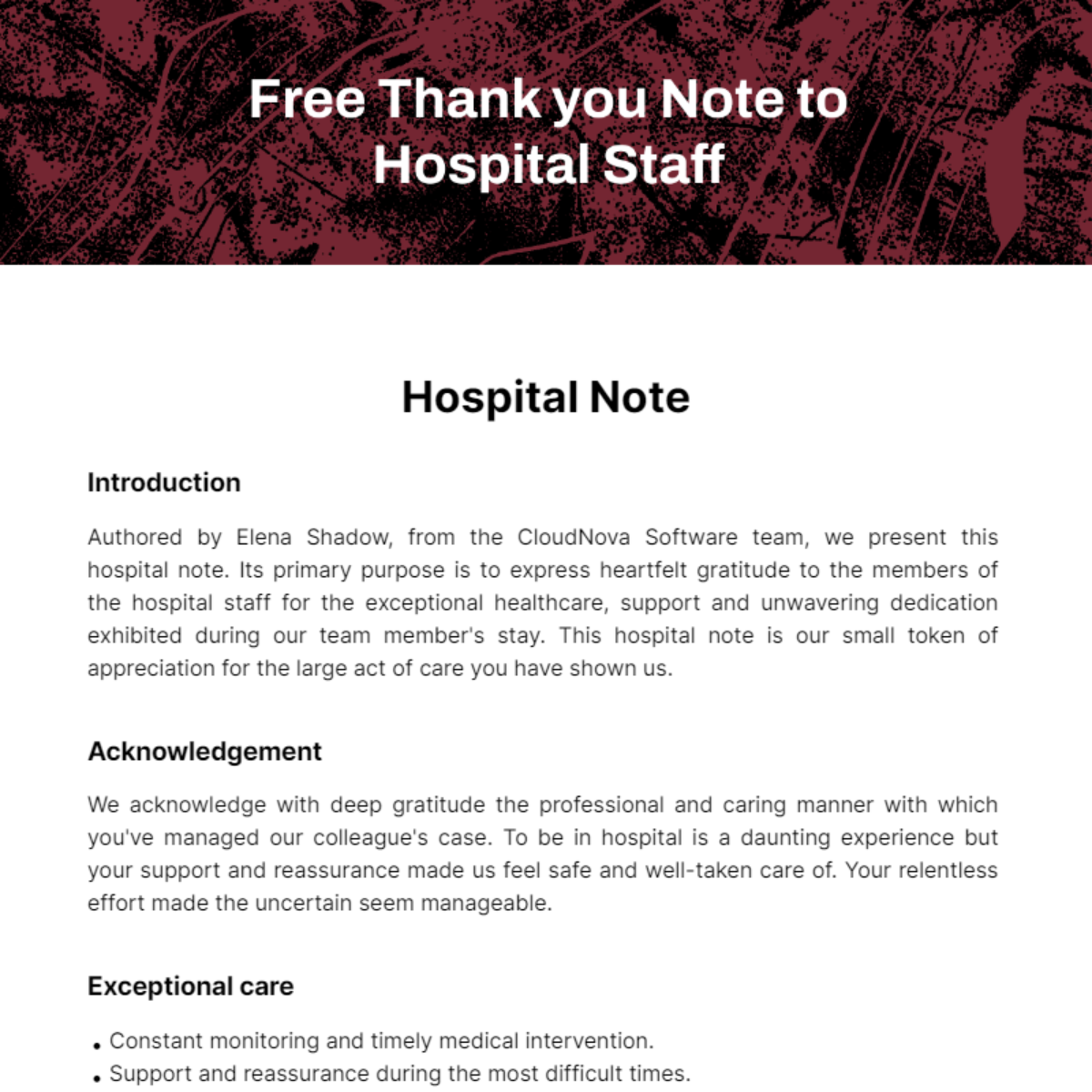 Free Thank you Note to Hospital Staff Template