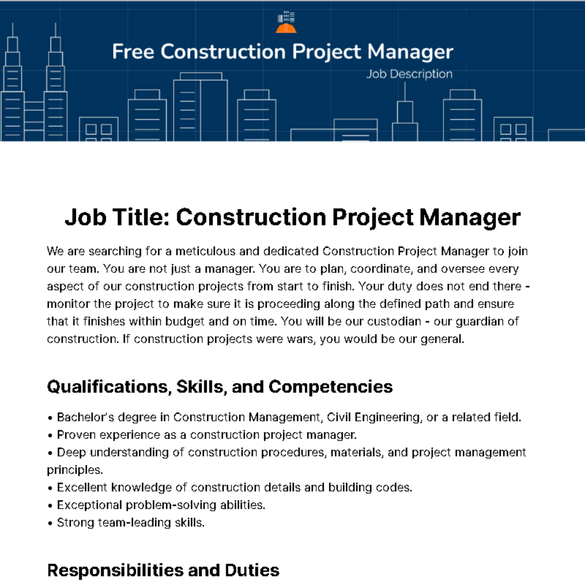 Free Construction Project Manager Job Description Template