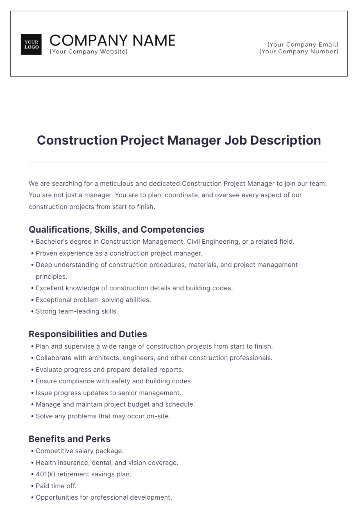 Construction Project Manager Job Description - Edit Online & Download