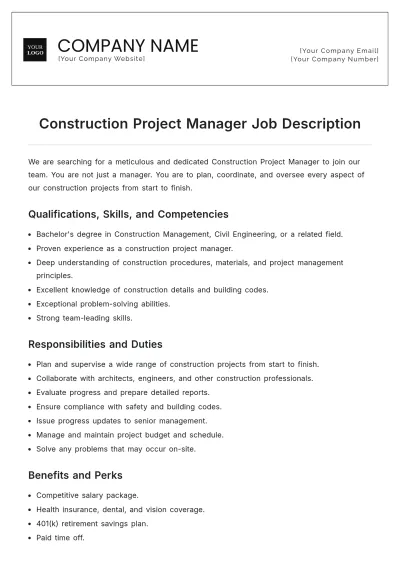 Free Construction Project Manager Job Description to Edit Online