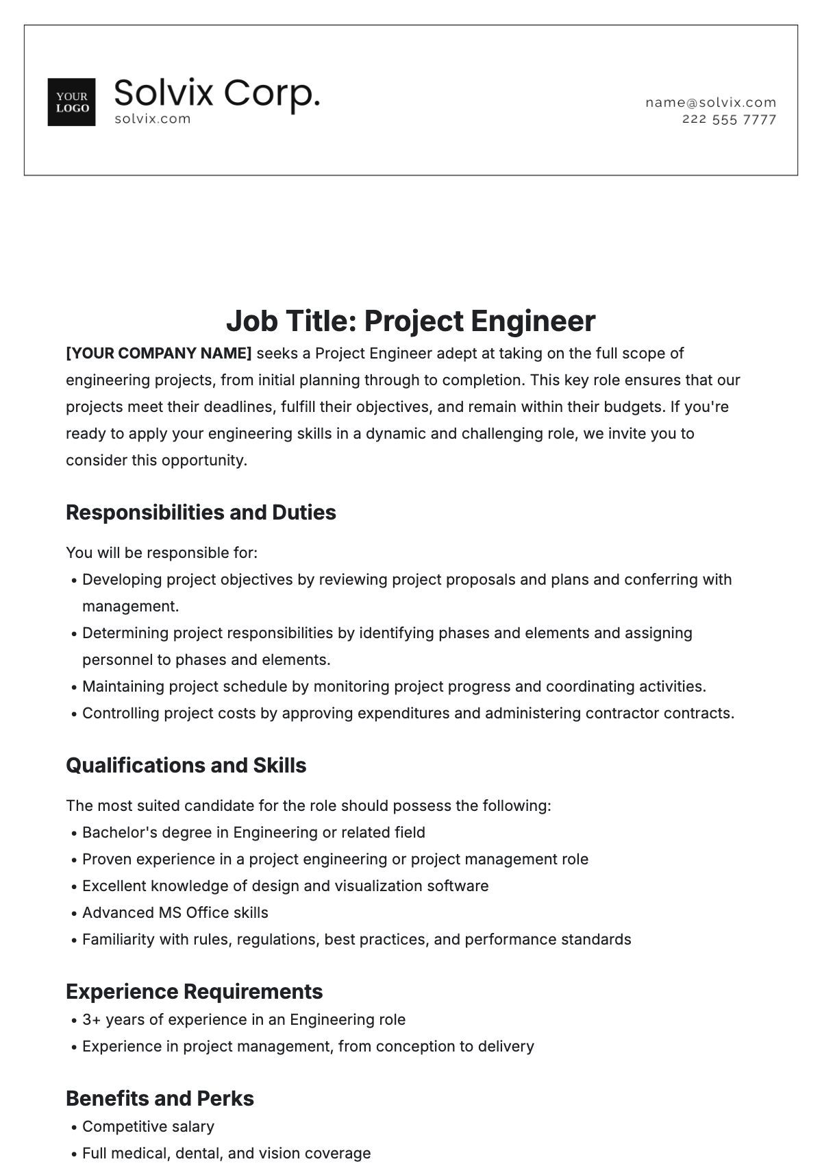 Project Engineer Job Description Template - Edit Online & Download