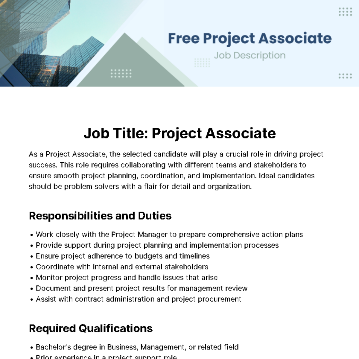 Project Associate Job Description Template