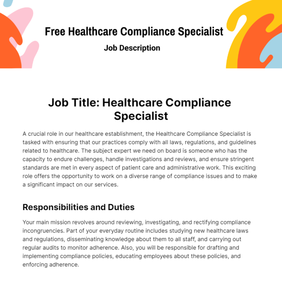 Healthcare Compliance Specialist Job Description Template