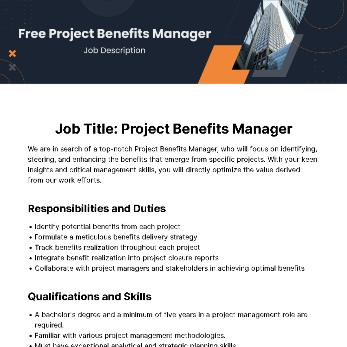 Project Benefits Manager Job Description Template