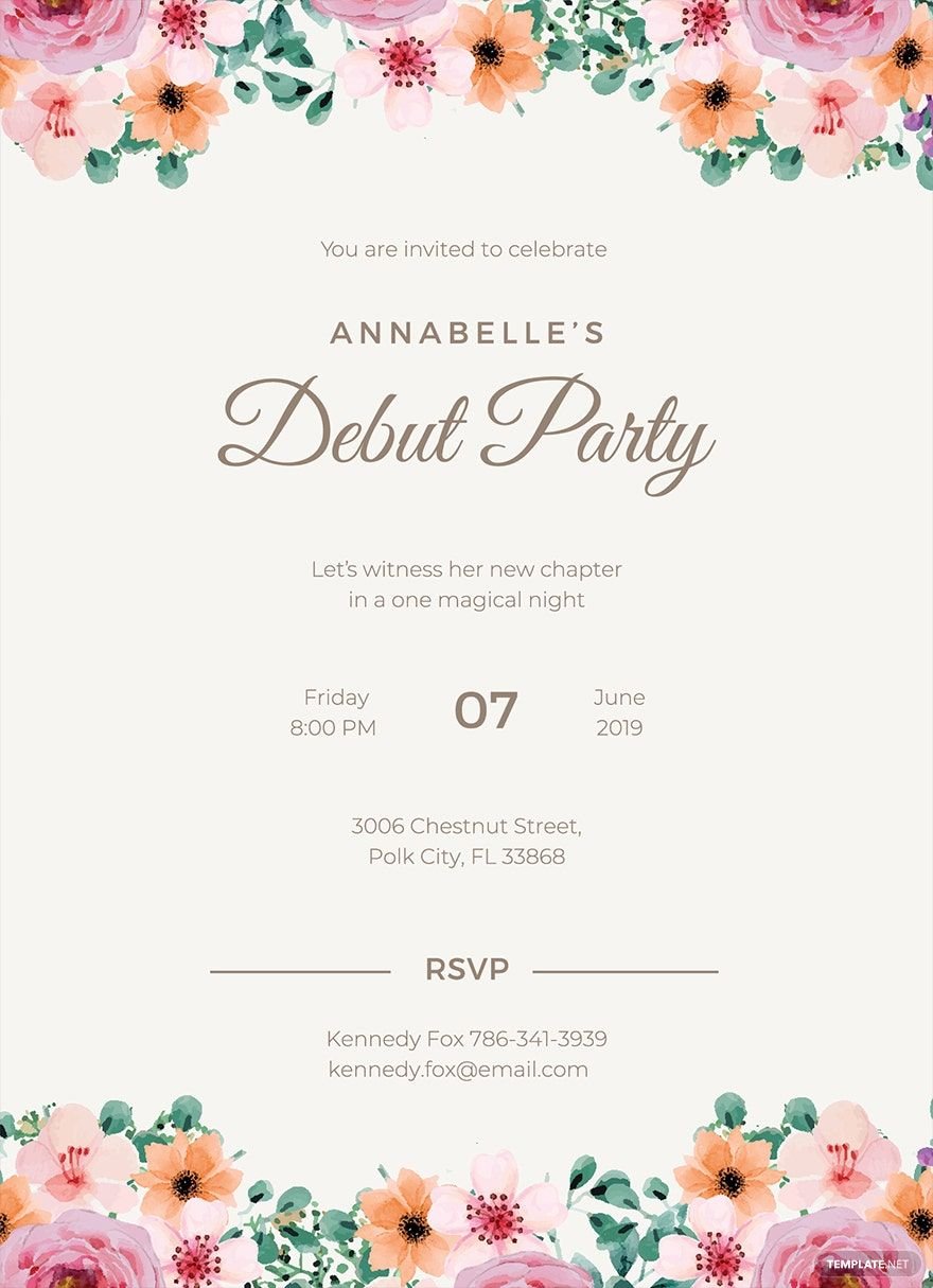 Free Formal Debut Invitation Template in Word, Google Docs, Illustrator, PSD, Apple Pages, Publisher, Outlook