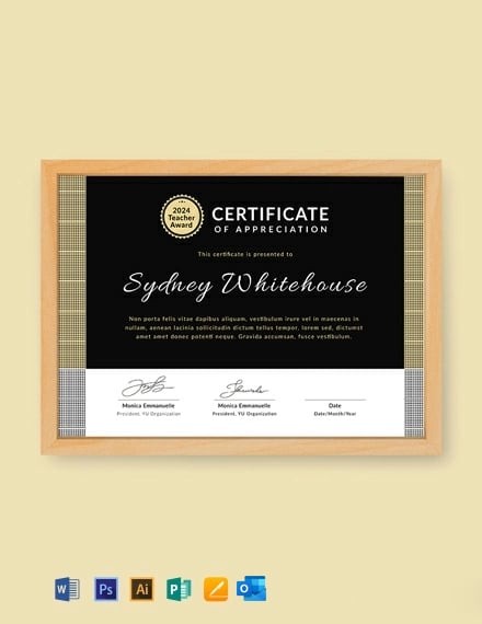 Free Teacher Appreciation Certificate Template - Illustrator, Word, Outlook, Apple Pages, PSD, Publisher