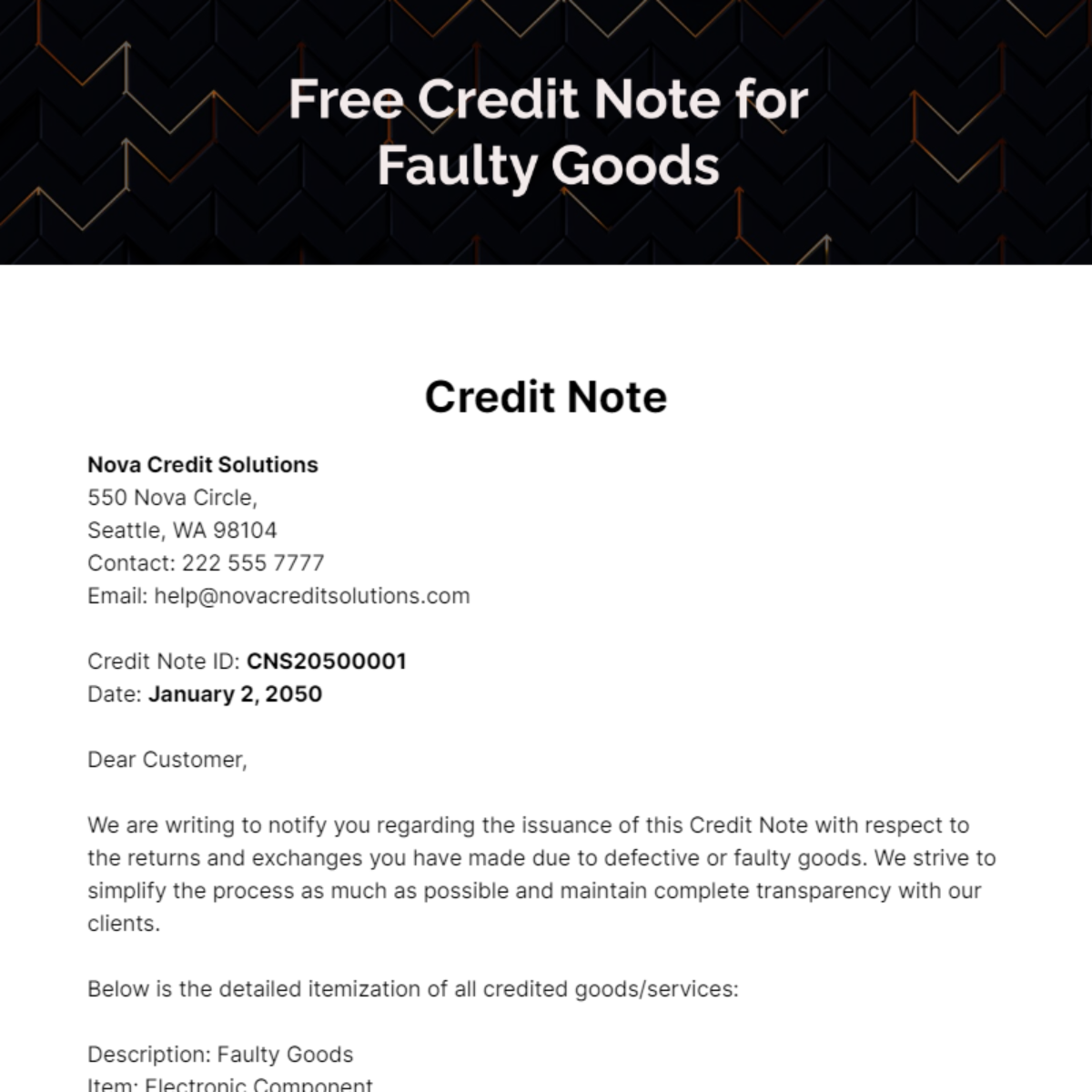 Credit Note for Faulty Goods Template