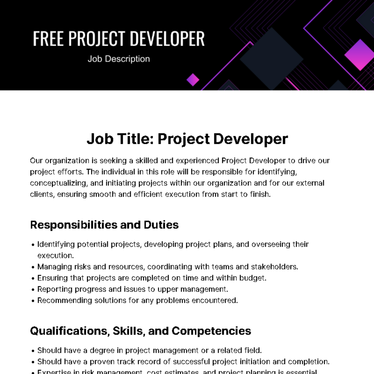 Free Project Developer Job Description Template