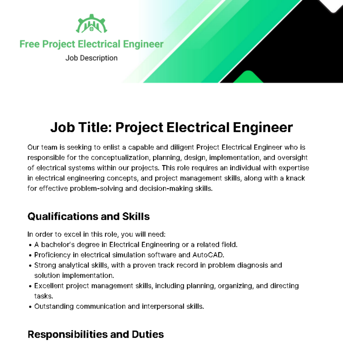 Free Project Electrical Engineer Job Description Template