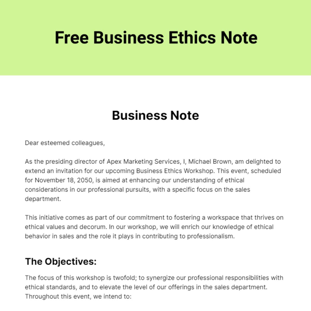 Free Business Ethics Note Template