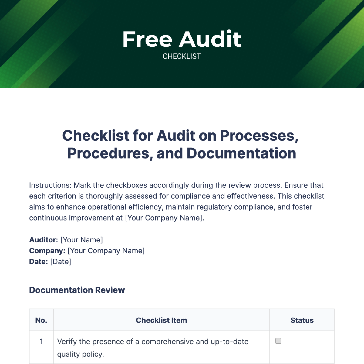 Free Audit Checklist Template