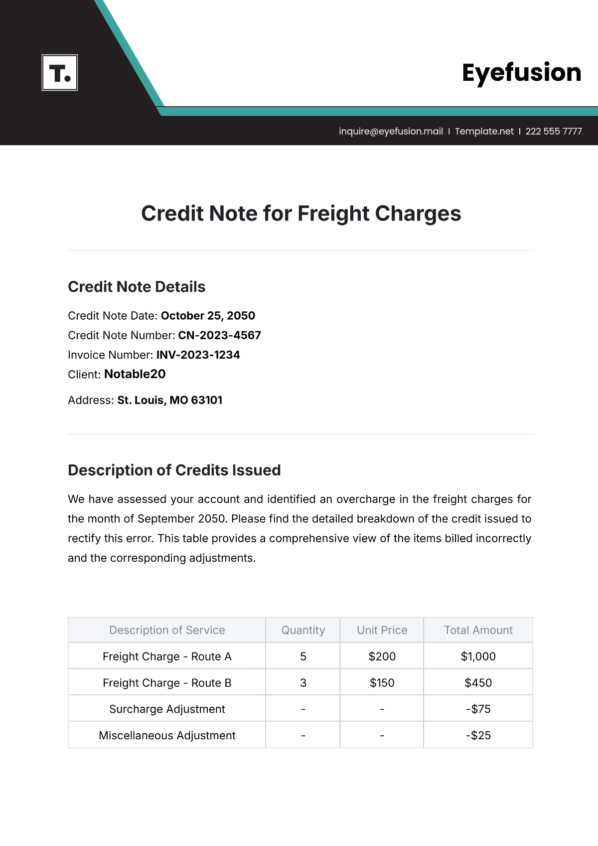 Credit Note for Freight Charges Template - Edit Online & Download