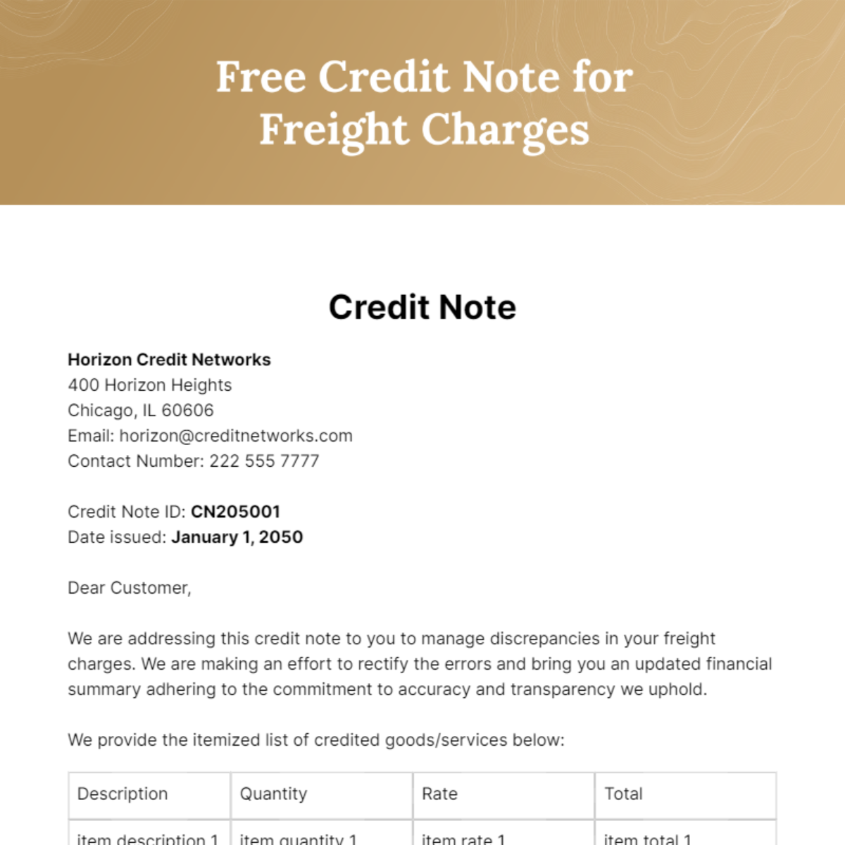 Credit Note for Freight Charges Template