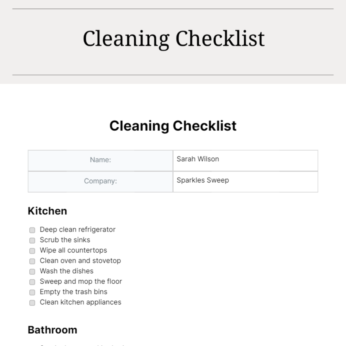 Childcare Centre Cleaning Supplies Checklist