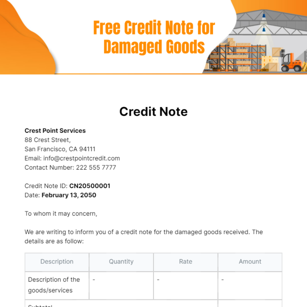 Free Credit Note for Damaged Goods Template