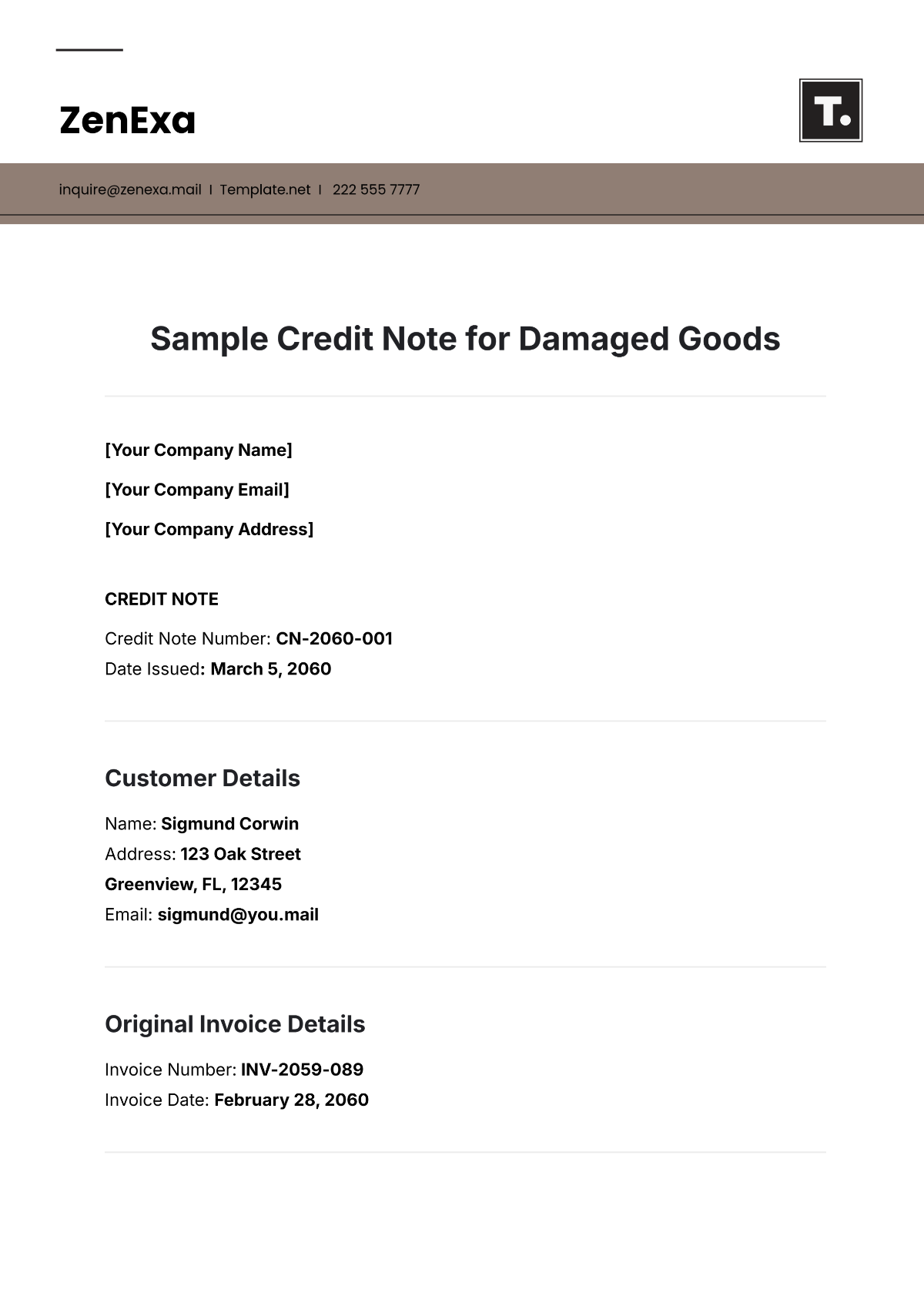 Sample Credit Note for Damaged Goods Template - Edit Online & Download