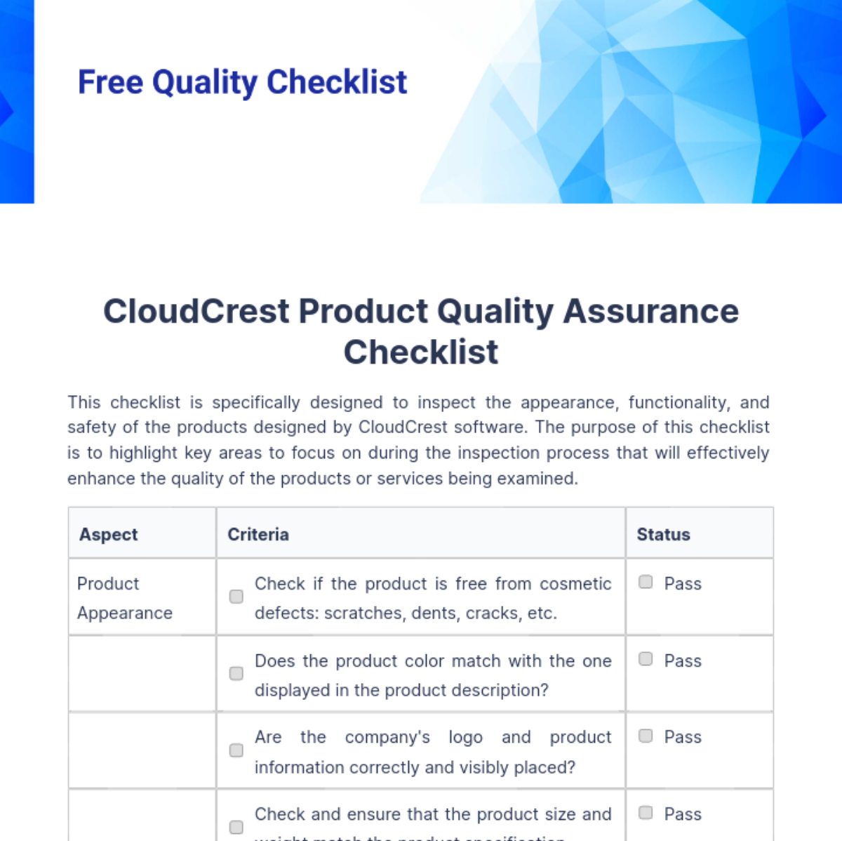 Quality Checklist Template