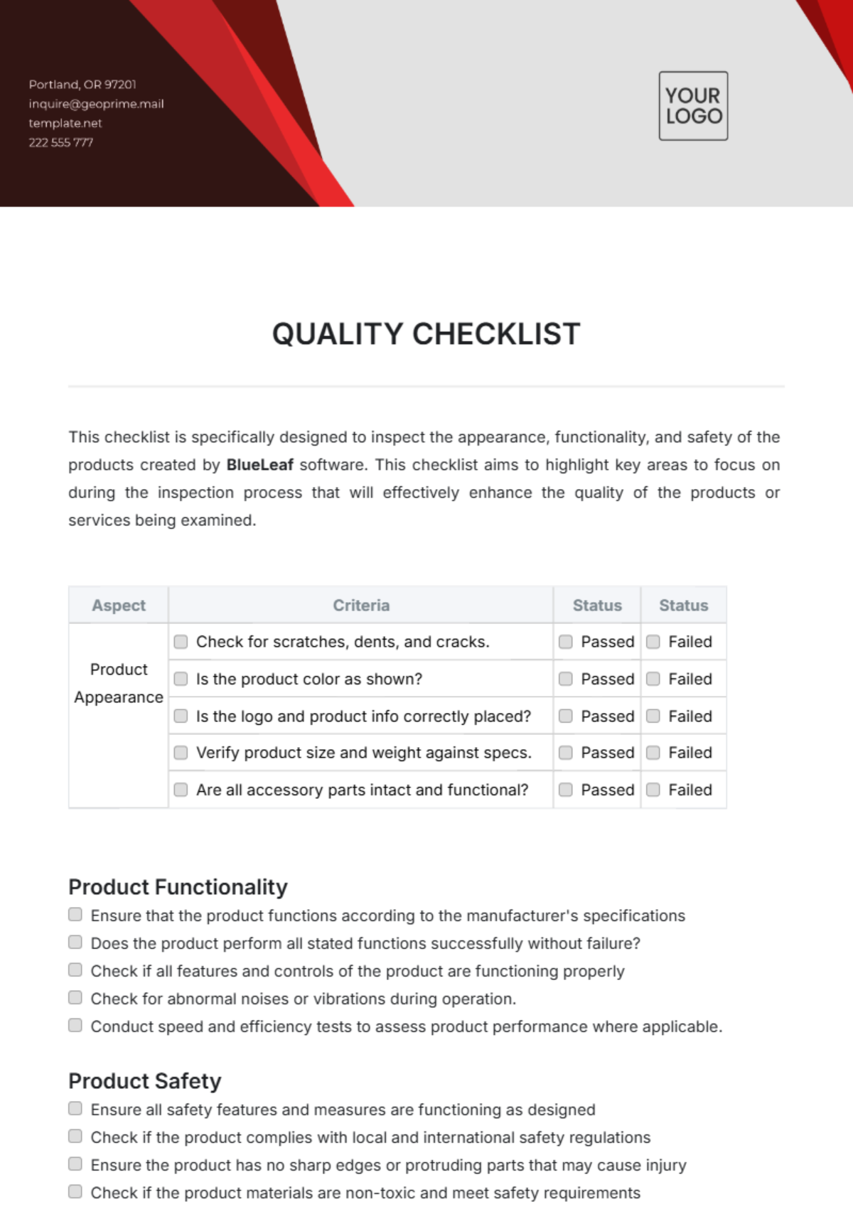 Quality Checklist Template - Edit Online & Download