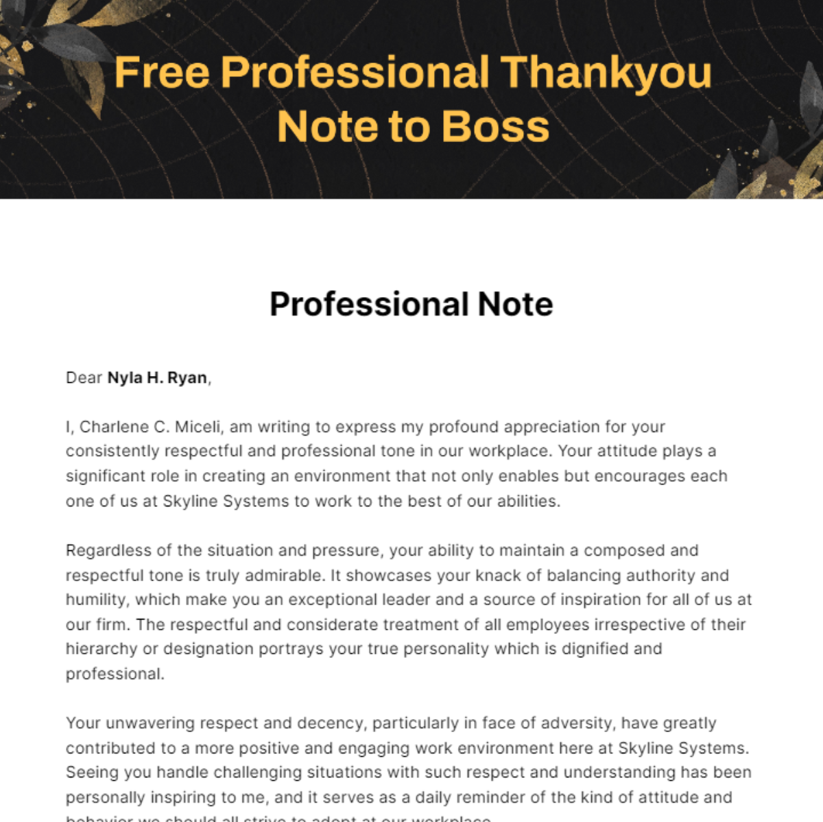 Professional Thankyou Note to Boss Template