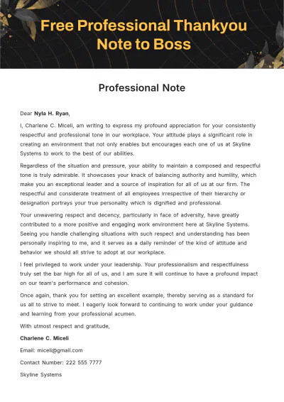 Free Professional Thankyou Note to Boss Template to Edit Online