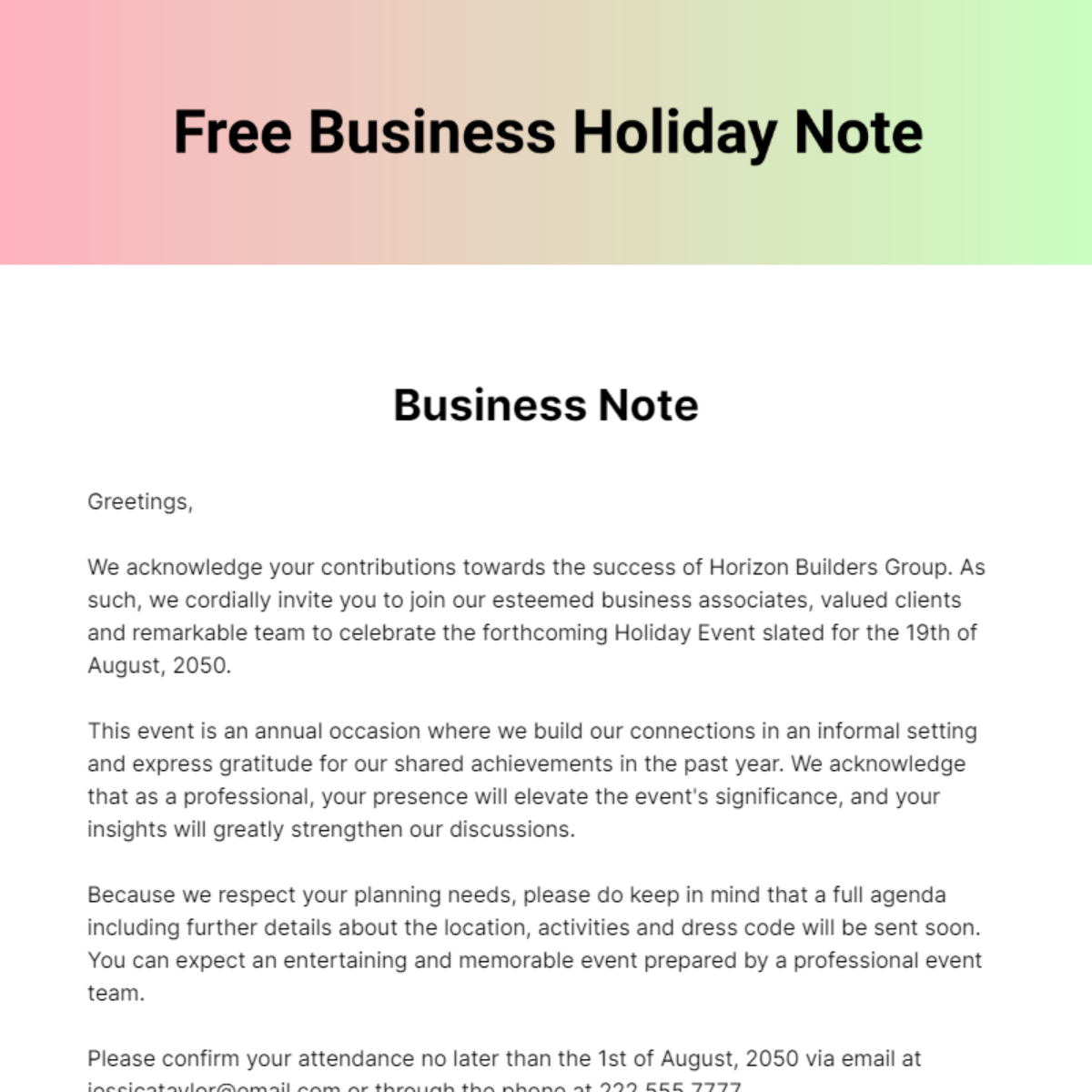 Business Holiday Note Template