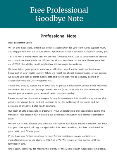 Free Professional Goodbye Note Template to Edit Online
