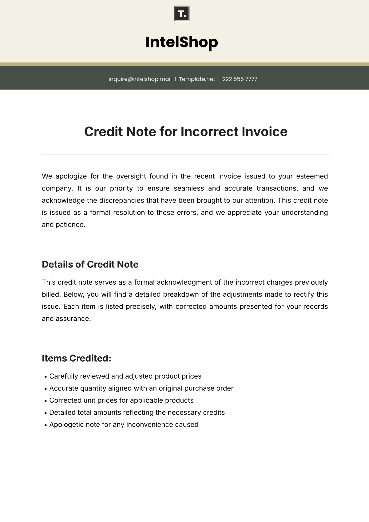 Credit Note for Incorrect Invoice Template - Edit Online & Download