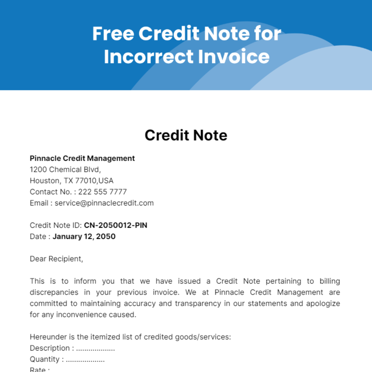 Free Credit Note for Incorrect Invoice Template