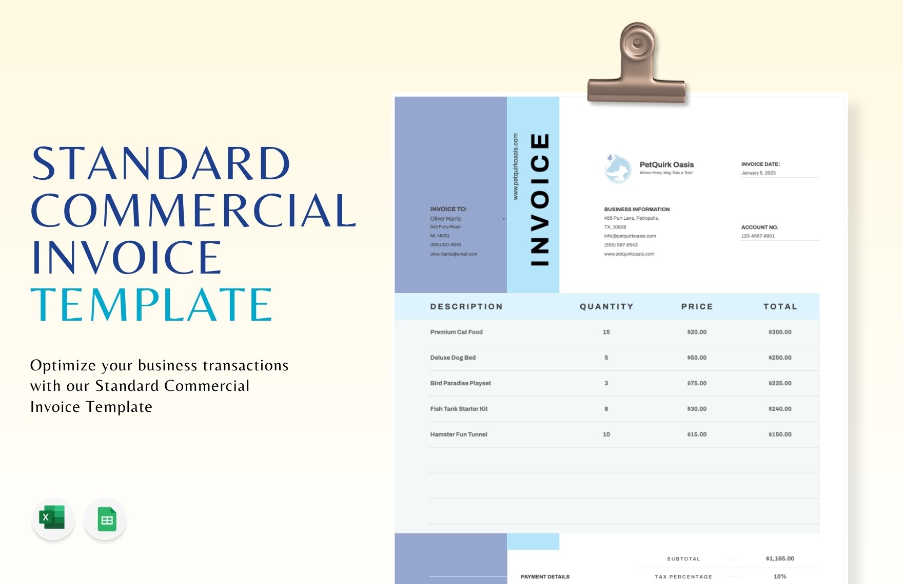 Standard Commercial Invoice Template in Excel, Google Sheets