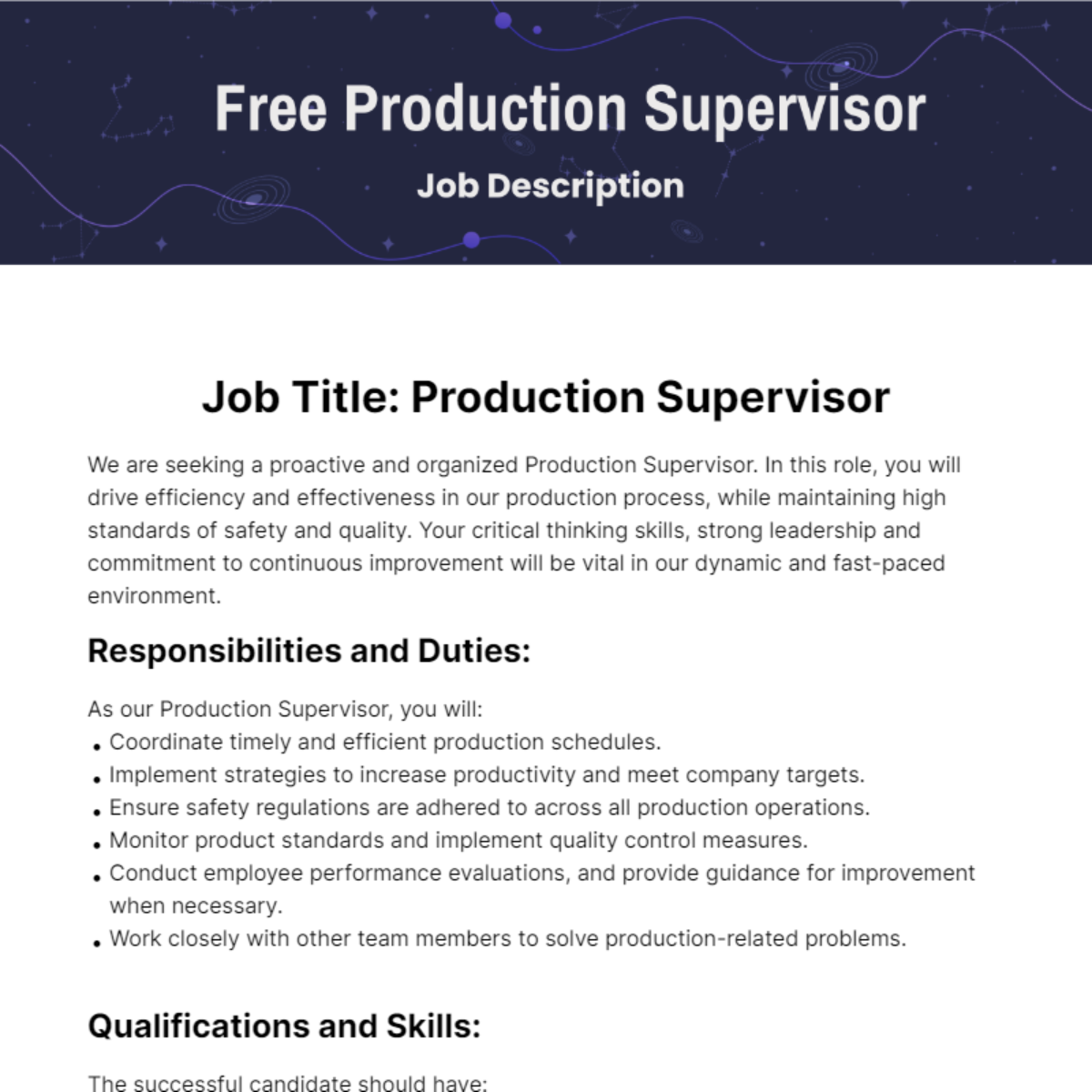 Free Production Supervisor Job Description Template