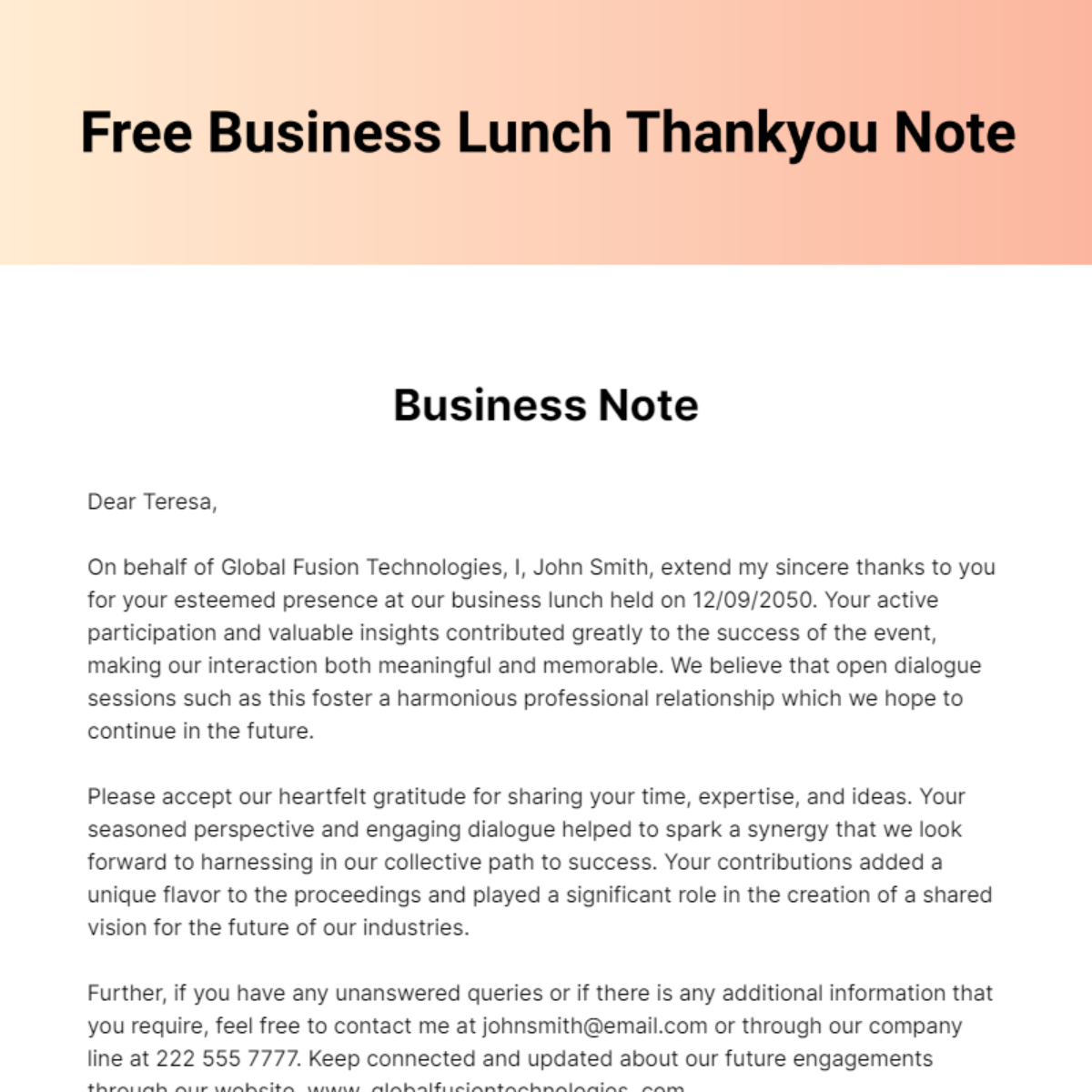 Business Lunch Thankyou Note Template