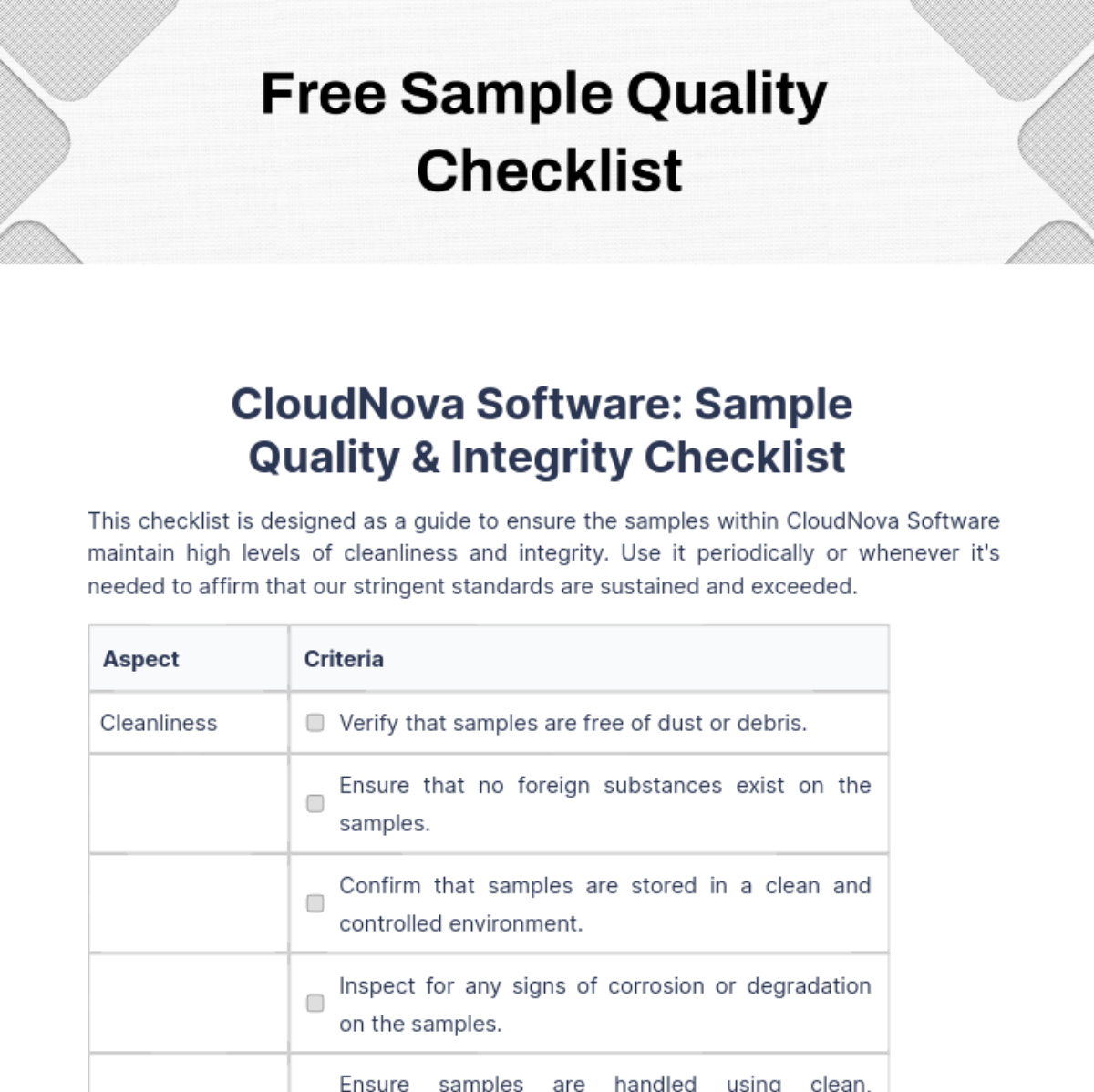 Sample Quality Checklist Template